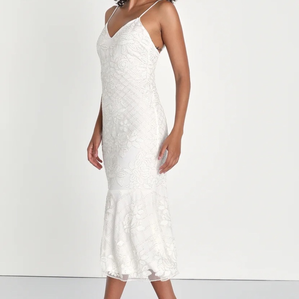 Charismatic Love White Floral Beaded Sequin Midi Dress lulus bride